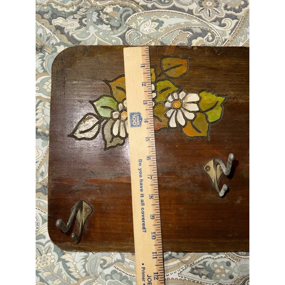 Vintage‎ Wood 4  Brass Hook Floral Hand Engraved Signed Wall Coat Rack Farmhouse
